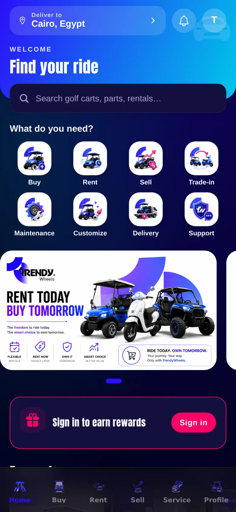 TrendyWheels app home screen